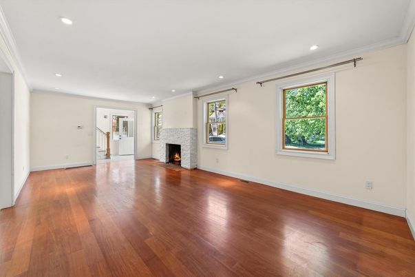 Empty room, Fireplace, Interior, Recessed Lighting, Wood Texture Flooring