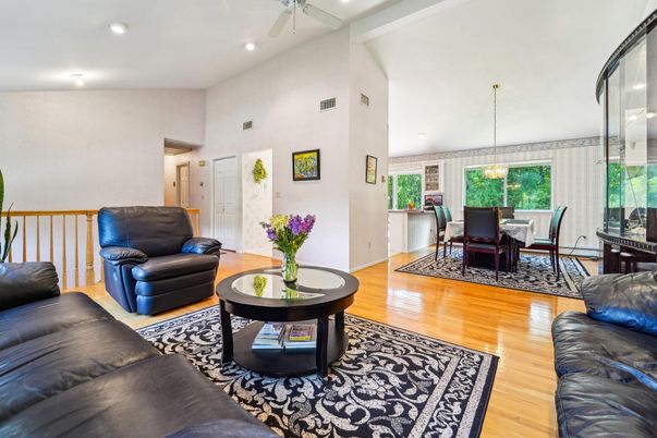 Dining room, Interior, Living room, Pendant Lights, Recessed Lighting, Wood Texture Flooring