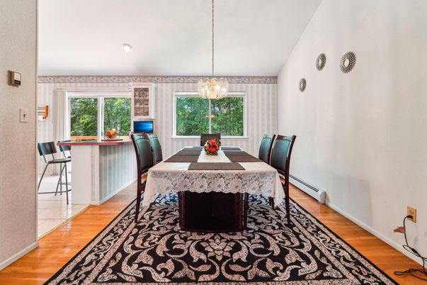 Chandelier, Dining room, Interior, Pendant Lights, Wood Texture Flooring