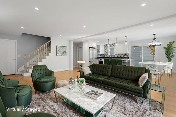 Dining room, Interior, Kitchen, Living room, Pendant Lights, Recessed Lighting, Stainless Steel Appliances, Wood Texture Flooring