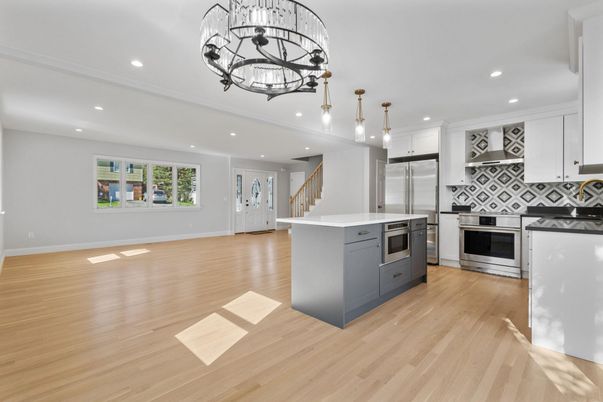 Chandelier, Interior, Kitchen, Pendant Lights, Recessed Lighting, Stainless Steel Appliances, Wood Texture Flooring