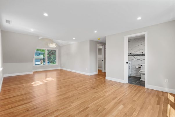 Bathroom, Empty room, Interior, Marble Walls, Recessed Lighting, Wood Texture Flooring