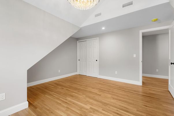 Chandelier, Empty room, Interior, Recessed Lighting, Wood Texture Flooring