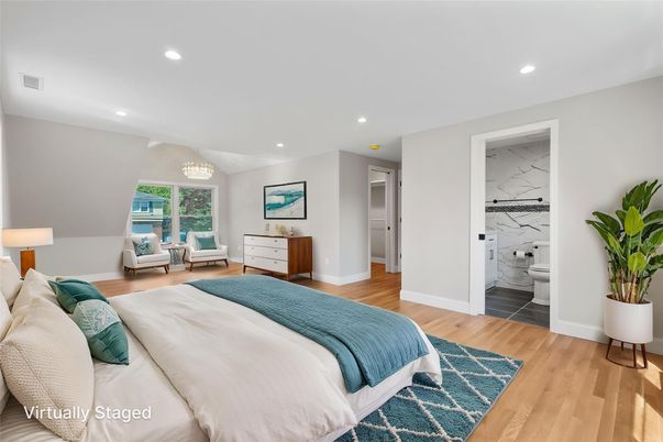 Bathroom, Bedroom, Chandelier, Interior, Marble Walls, Recessed Lighting, Wood Texture Flooring