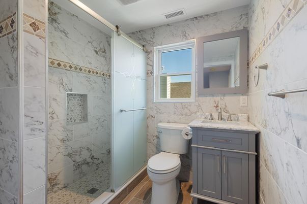 Bathroom, Glass Shower, Interior, Marble Walls