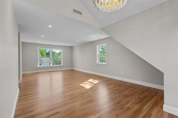Chandelier, Empty room, Interior, Recessed Lighting, Wood Texture Flooring