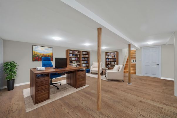 Home Office, Interior, Recessed Lighting, Wooden Beams, Wood Texture Flooring