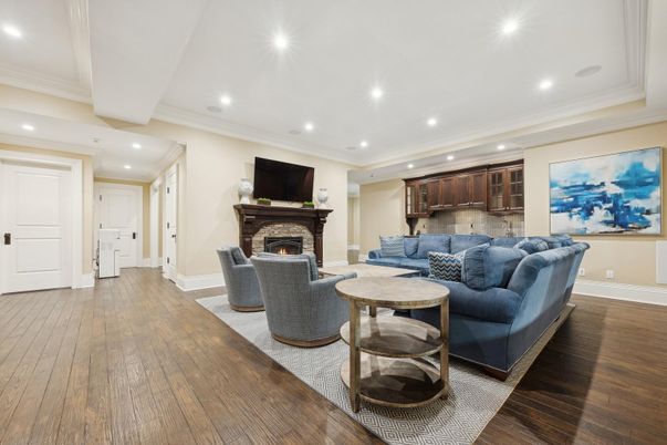 Fireplace, Interior, Living room, Recessed Lighting, Wood Texture Flooring