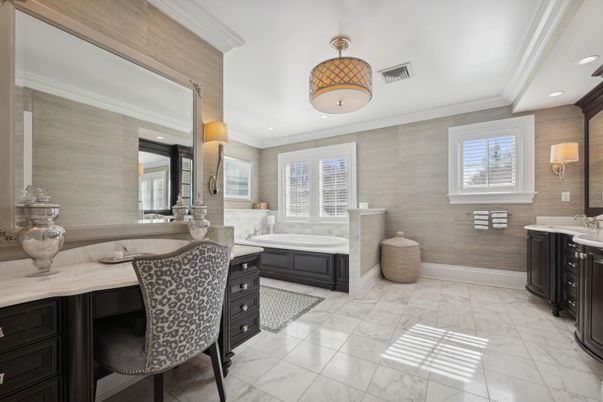 Bathroom, Dual Sink Vanities, Interior, Marble, Recessed Lighting, Wooden Walls