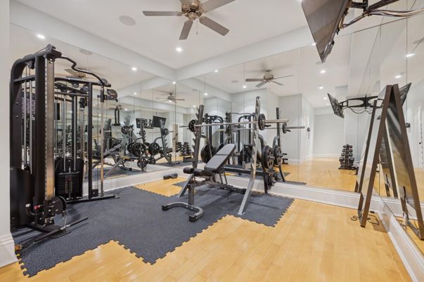 Fitness Equipment, Gym, Interior, Recessed Lighting, Wood Texture Flooring