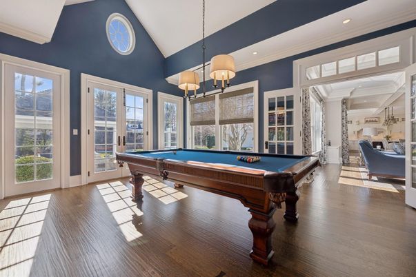Billiard Table, Chandelier, Game Room, Interior, Recessed Lighting, Wood Texture Flooring