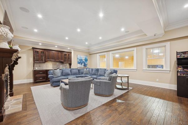 Fireplace, Interior, Living room, Recessed Lighting, Wood Texture Flooring