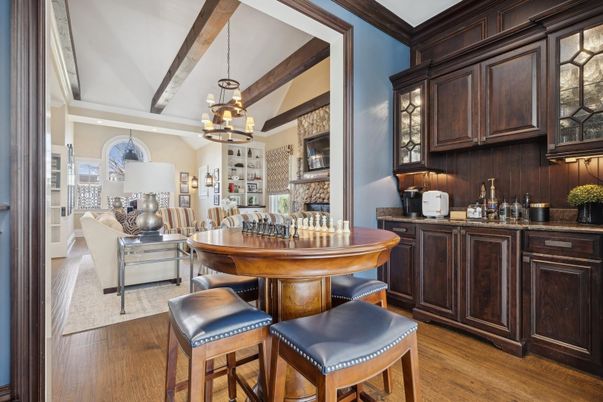 Chandelier, Dining room, Interior, Living room, Pendant Lights, Wooden Beams, Wood Texture Flooring
