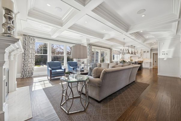 Fireplace, Interior, Kitchen, Living room, Pendant Lights, Recessed Lighting, Wood Texture Flooring