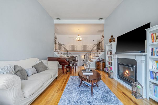 Chandelier, Fireplace, Interior, Living room, Piano, Wood Texture Flooring