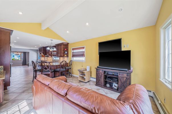 Dining room, Fireplace, Interior, Kitchen, Living room, Pendant Lights, Recessed Lighting