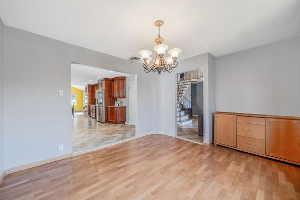 Chandelier, Empty room, Interior, Kitchen, Recessed Lighting, Wood Texture Flooring
