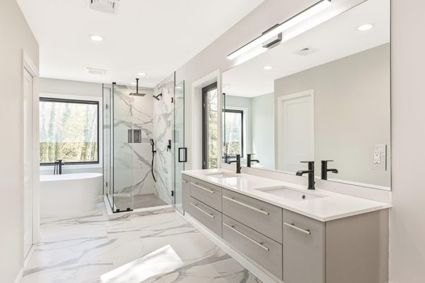 Bathroom, Dual Sink Vanities, Free Standing Baths, Glass Shower, Interior, Marble, Marble Walls, Recessed Lighting