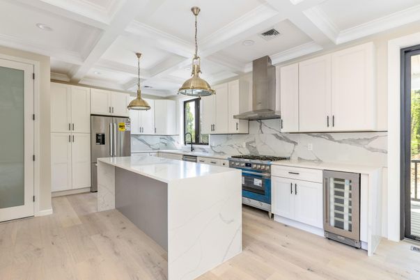 Interior, Kitchen, Marble Walls, Pendant Lights, Recessed Lighting, Stainless Steel Appliances, Wood Texture Flooring