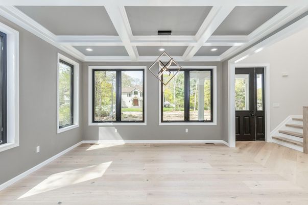 Empty room, Interior, Pendant Lights, Recessed Lighting, Wood Texture Flooring