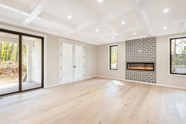 Empty room, Fireplace, Interior, Recessed Lighting, Wood Texture Flooring
