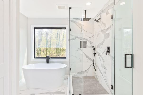 Bathroom, Free Standing Baths, Glass Shower, Interior, Marble, Marble Walls, Recessed Lighting