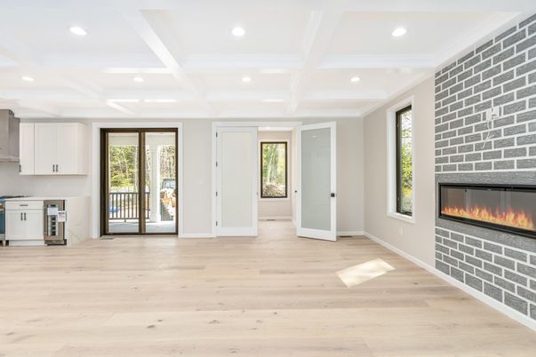 Empty room, Fireplace, Interior, Recessed Lighting, Wood Texture Flooring