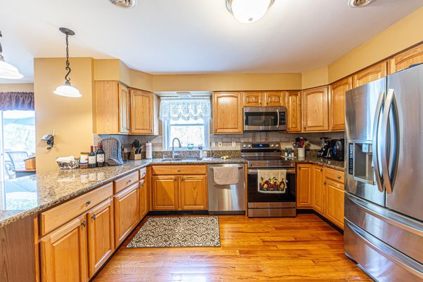 Interior, Kitchen, Pendant Lights, Stainless Steel Appliances, Wood Texture Flooring