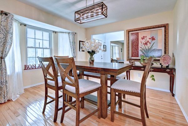 Dining room, Interior, Pendant Lights, Wood Texture Flooring