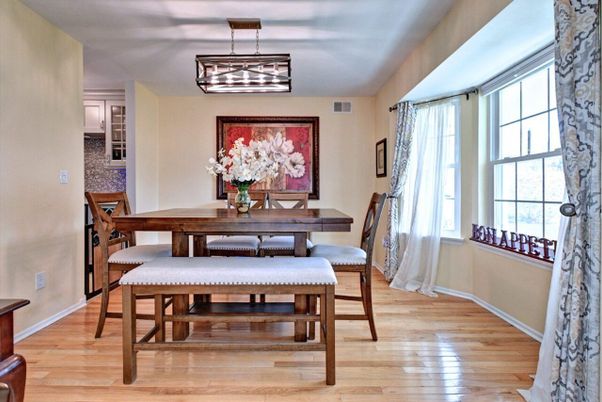 Dining room, Interior, Pendant Lights, Wood Texture Flooring