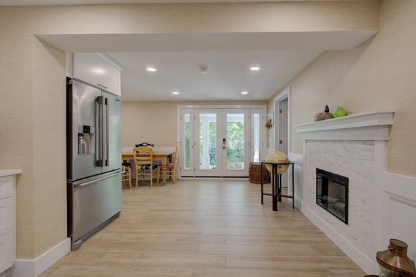 Dining room, Fireplace, Interior, Kitchen, Recessed Lighting, Wood Texture Flooring