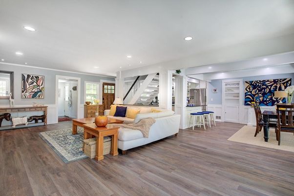 Dining room, Interior, Living room, Recessed Lighting, Wood Texture Flooring