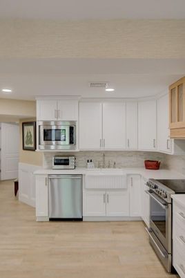 Interior, Kitchen, Recessed Lighting, Stainless Steel Appliances, Wood Texture Flooring