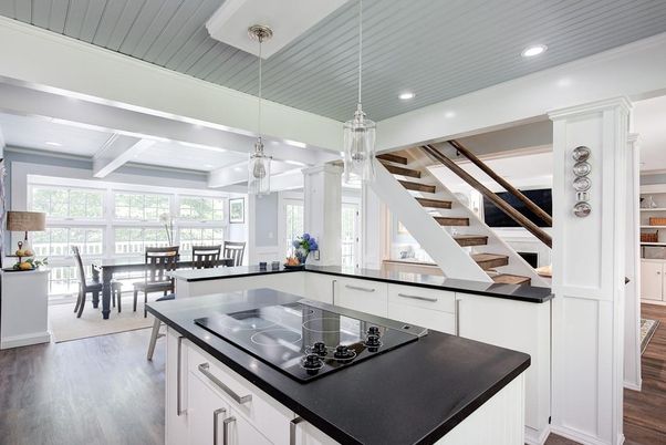 Dining room, Interior, Kitchen, Pendant Lights, Recessed Lighting, Wood Texture Flooring