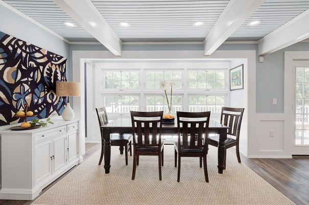 Dining room, Interior, Recessed Lighting, Wood Texture Flooring