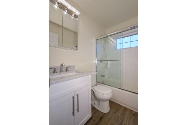 Bathroom, Glass Shower, Interior, Wood Texture Flooring