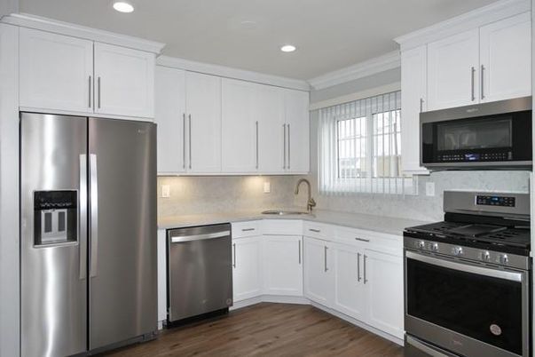 Interior, Kitchen, Recessed Lighting, Stainless Steel Appliances, Wood Texture Flooring