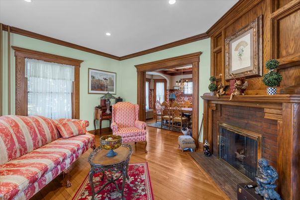 Dining room, Fireplace, Interior, Living room, Pendant Lights, Recessed Lighting, Wood Texture Flooring
