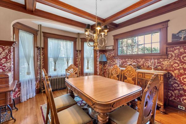 Chandelier, Dining room, Interior, Wooden Beams, Wood Texture Flooring