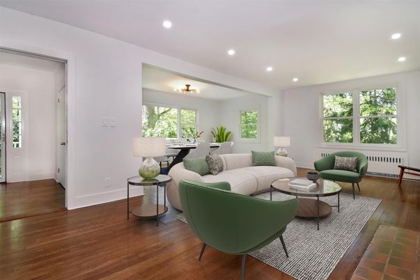 Dining room, Interior, Living room, Recessed Lighting, Wood Texture Flooring