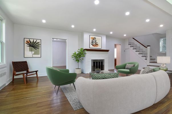 Fireplace, Interior, Living room, Recessed Lighting, Wood Texture Flooring