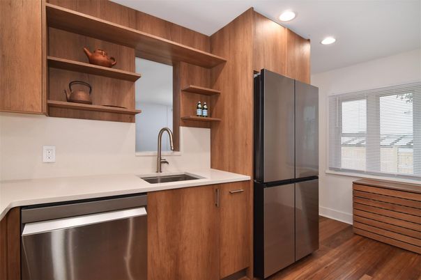 Interior, Kitchen, Recessed Lighting, Stainless Steel Appliances, Wood Texture Flooring