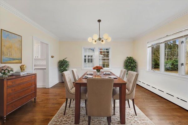 Dining room, Interior, Pendant Lights, Wood Texture Flooring