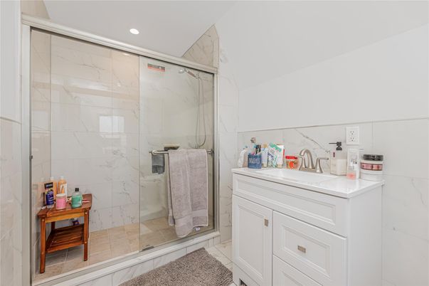 Bathroom, Glass Shower, Interior, Marble Walls, Recessed Lighting