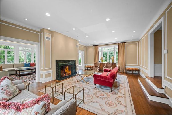Fireplace, Interior, Living room, Recessed Lighting, Wood Texture Flooring