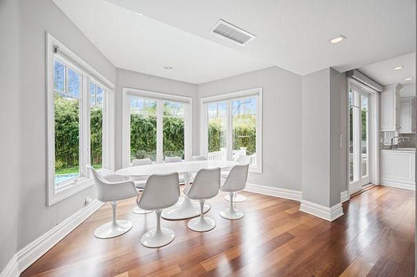 Dining room, Interior, Recessed Lighting, Wood Texture Flooring