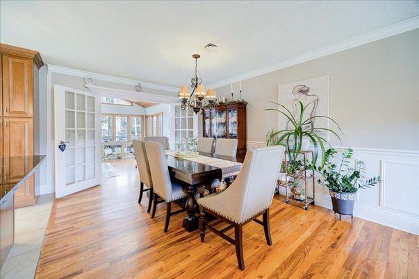 Chandelier, Dining room, Interior, Wood Texture Flooring