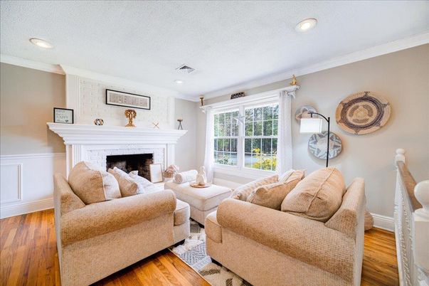 Fireplace, Interior, Living room, Recessed Lighting, Wood Texture Flooring