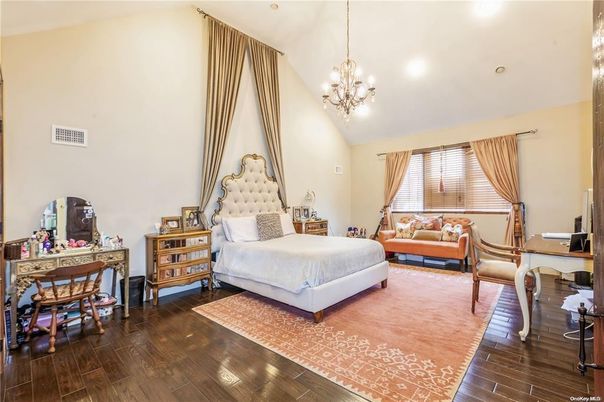 Bedroom, Chandelier, Interior, Recessed Lighting, Wood Texture Flooring