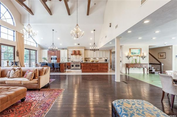 Chandelier, Interior, Kitchen, Living room, Pendant Lights, Recessed Lighting, Stainless Steel Appliances, Wooden Beams, Wood Texture Flooring